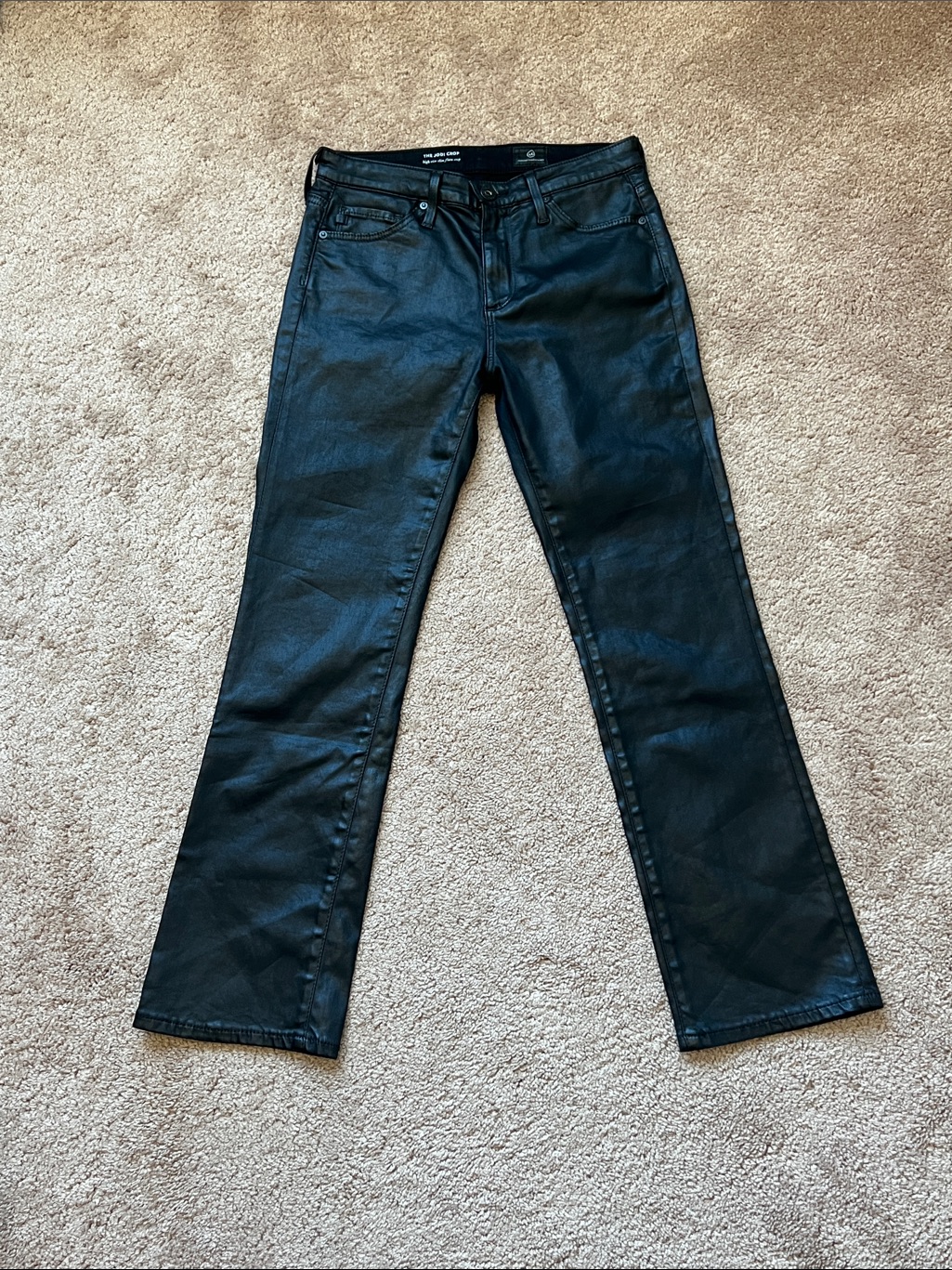 Ag Adriano Goldschmied Black Coated High-Rise Slim Flare Cropped Jeans